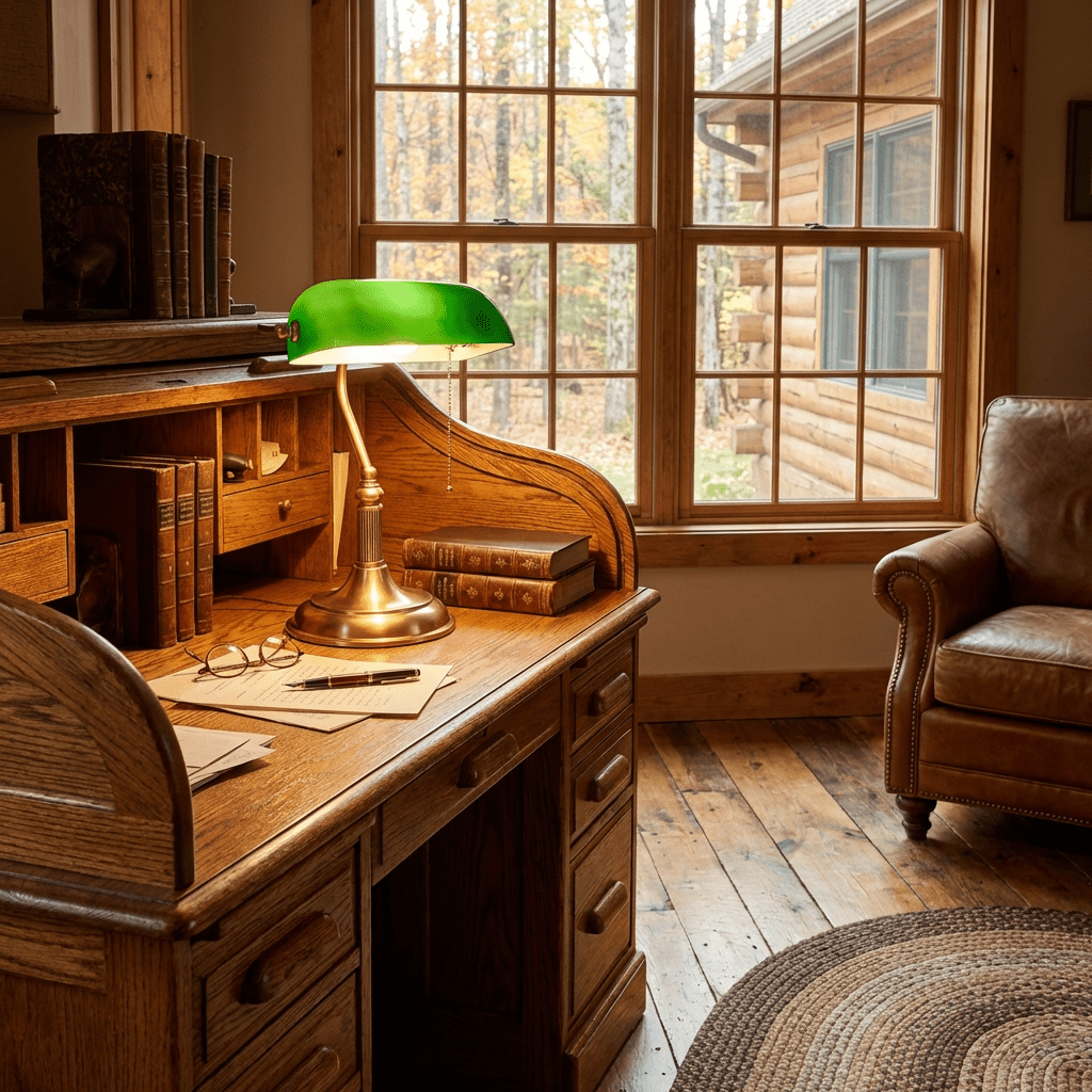 Harrison Banker Table Lamp in Brass and Green Glass