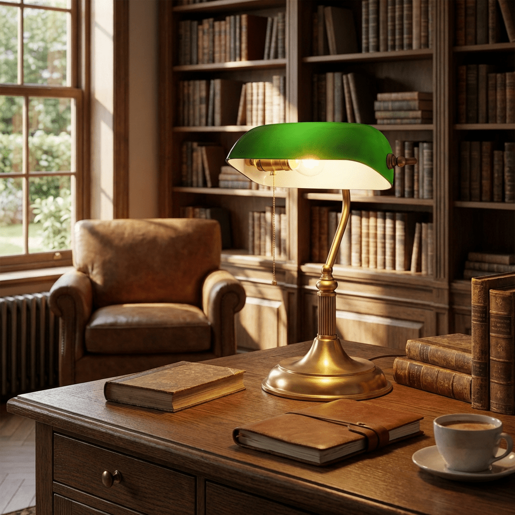 Harrison Banker Table Lamp in Brass and Green Glass