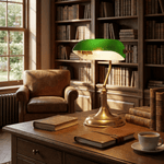 Harrison Banker Table Lamp in Brass and Green Glass