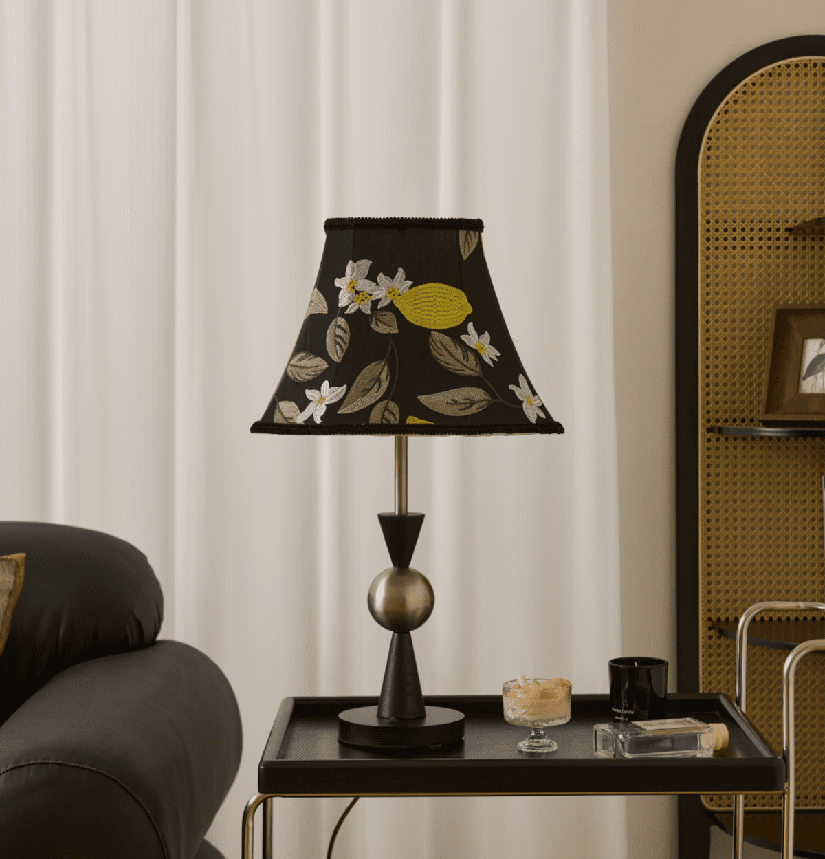 Elowen Bloom Embroidered Table Lamp with Walnut Base