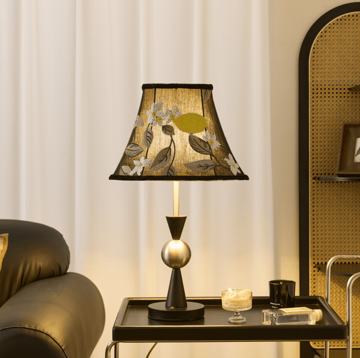 Elowen Bloom Embroidered Table Lamp with Walnut Base