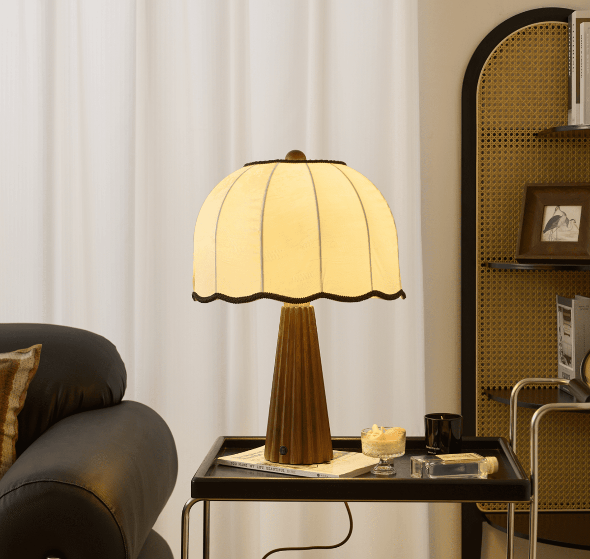 Bellina Table Lamp with Scalloped Fabric Shade and Walnut Wood Base