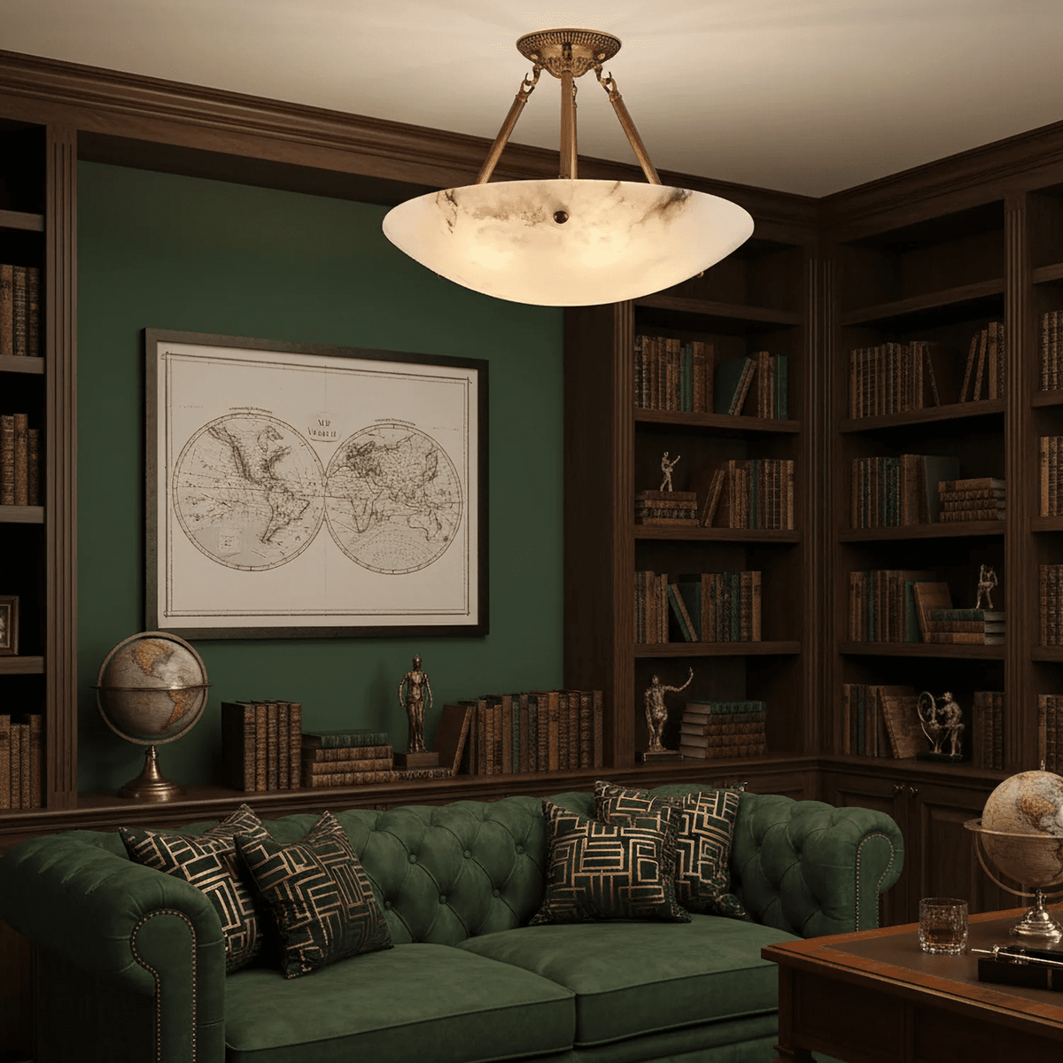 Calyra Semi-Flush Alabaster Ceiling Light in Antique Brass