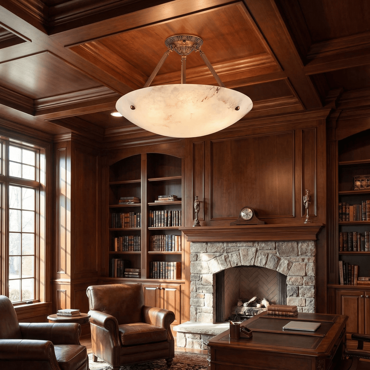 Calyra Semi-Flush Alabaster Ceiling Light in Antique Brass