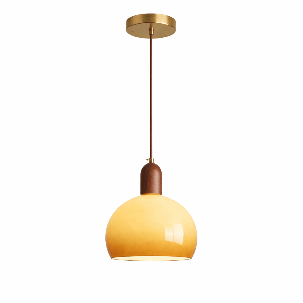 Aurelion Pendant Light – Amber Glass & Walnut Wood Modern Hanging Lamp