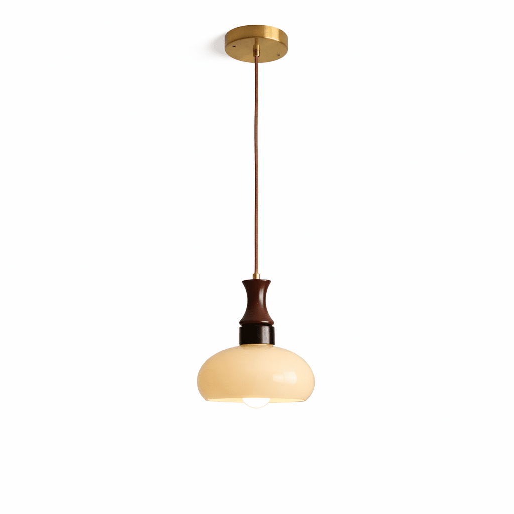 Aurelion Pendant Light – Amber Glass & Walnut Wood Modern Hanging Lamp