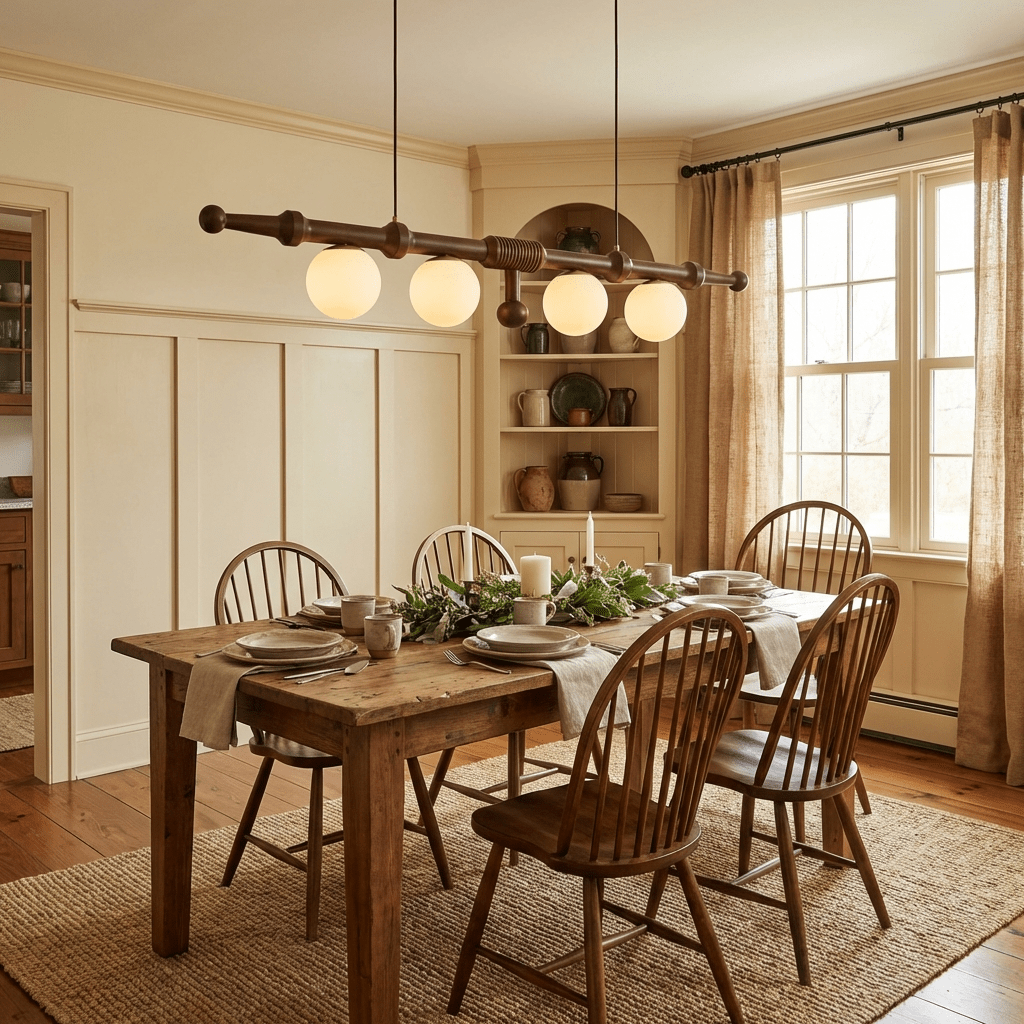 Elowen Rail Chandelier – Linear Wood & Glass Pendant Light