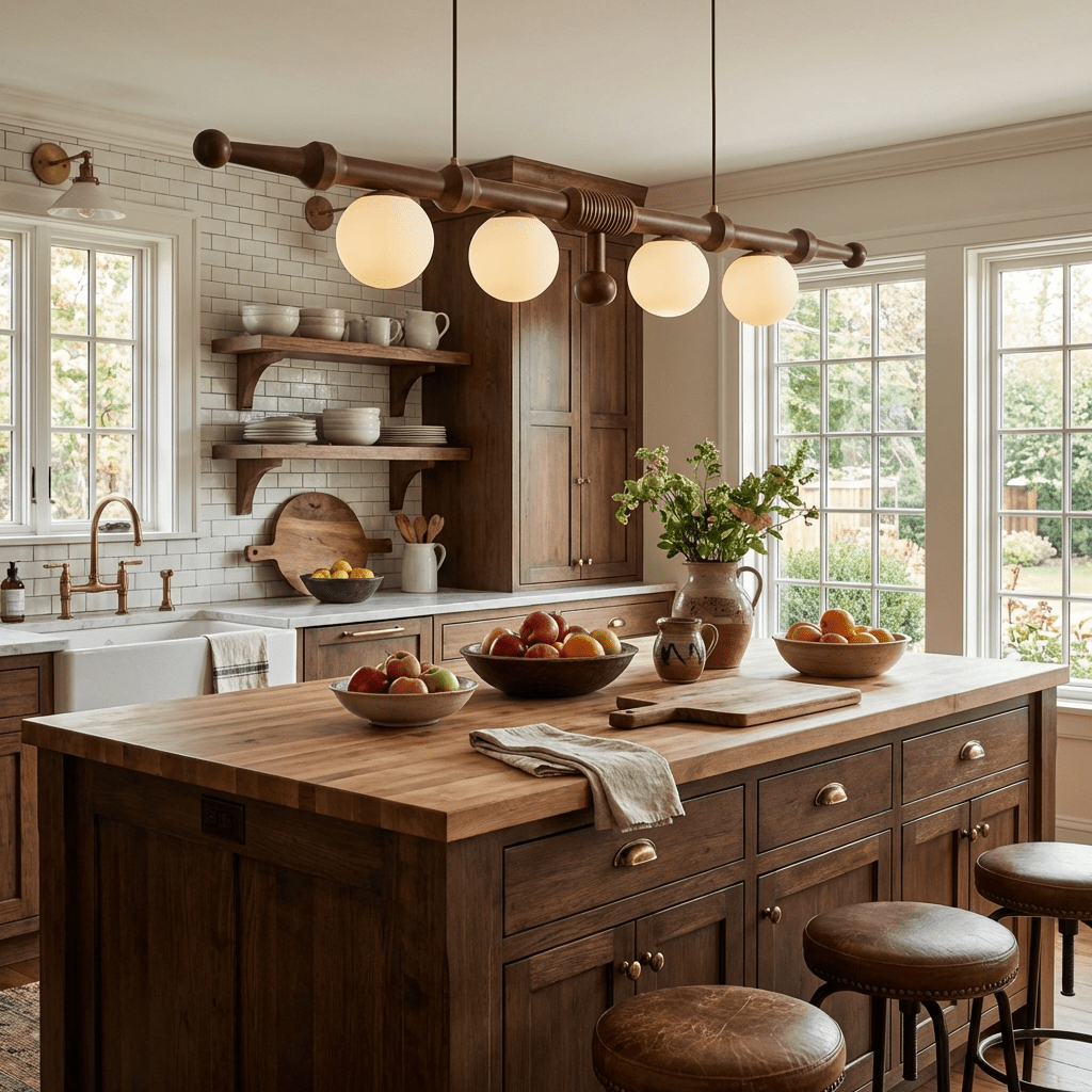 Elowen Rail Chandelier – Linear Wood & Glass Pendant Light
