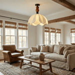 Roswyn Petal Flush Mount Ceiling Light in Walnut and Beige Fabric