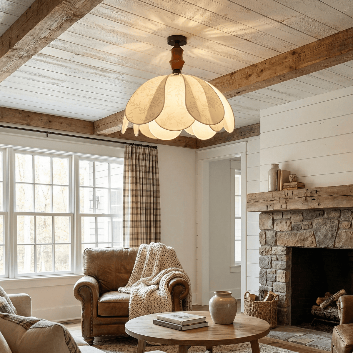Roswyn Petal Flush Mount Ceiling Light in Walnut and Beige Fabric
