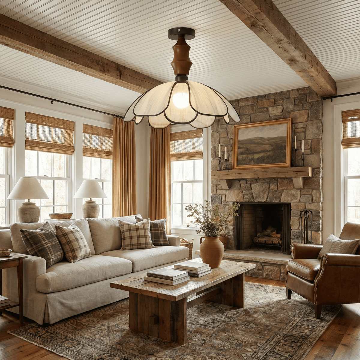 Petaline Whisper Flush Mount Ceiling Light in Walnut and Fabric