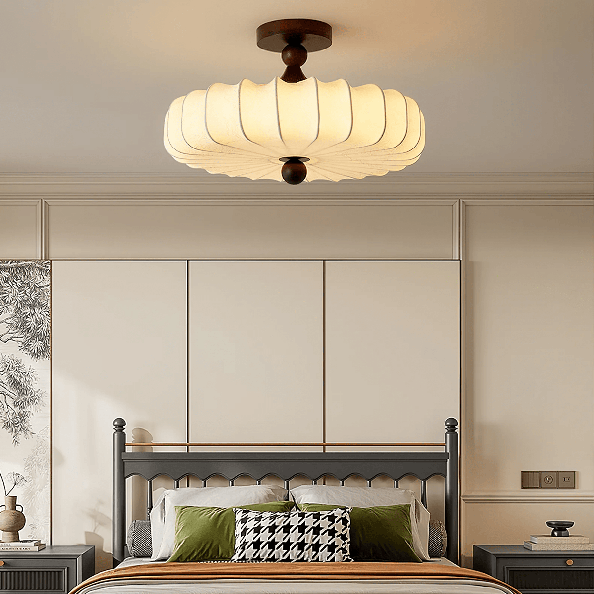 Aveline Bloom Modern Flush Mount Ceiling Light in Walnut and White Fabric