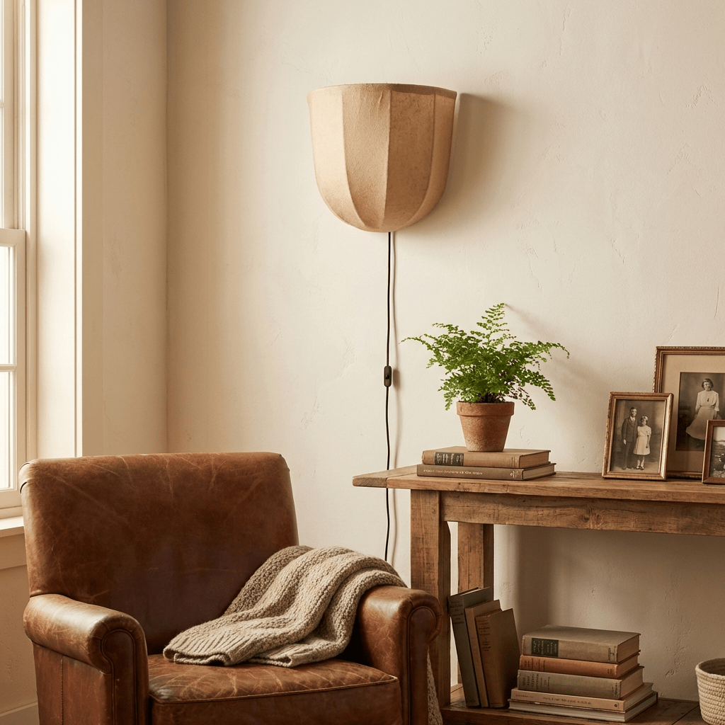 Sienna Linen Plug-in Wall Sconce – Handcrafted Fabric Shade, Vintage Pull Chain