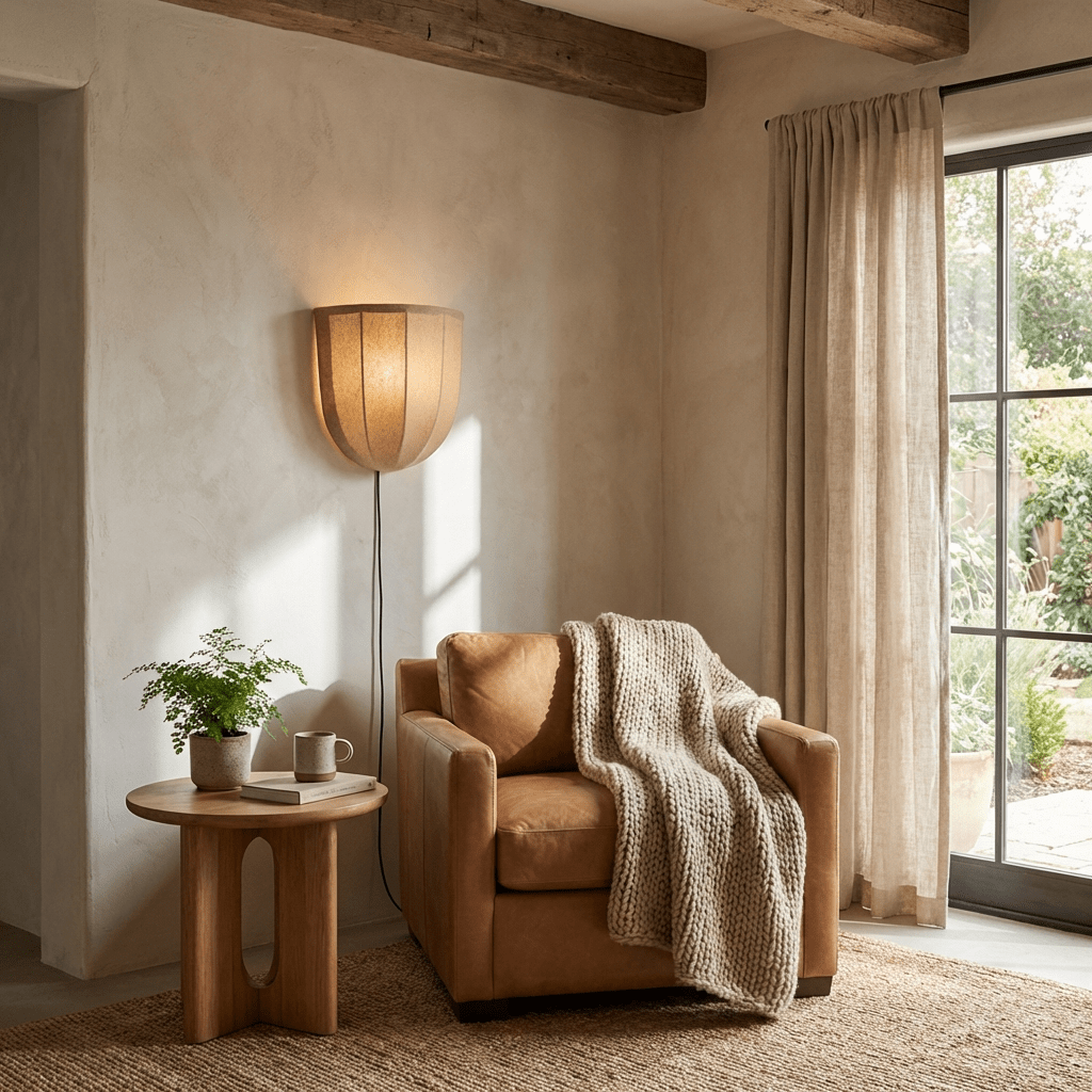 Sienna Linen Plug-in Wall Sconce – Handcrafted Fabric Shade, Vintage Pull Chain