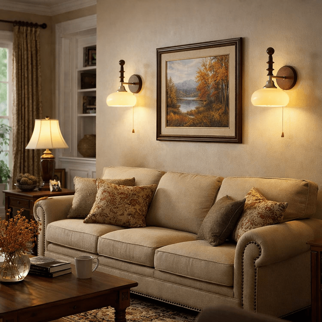 Spindlecrest Wall Sconce with Opal Glass Shade and Walnut Wood Backplate