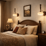 Spindlecrest Wall Sconce with Opal Glass Shade and Walnut Wood Backplate