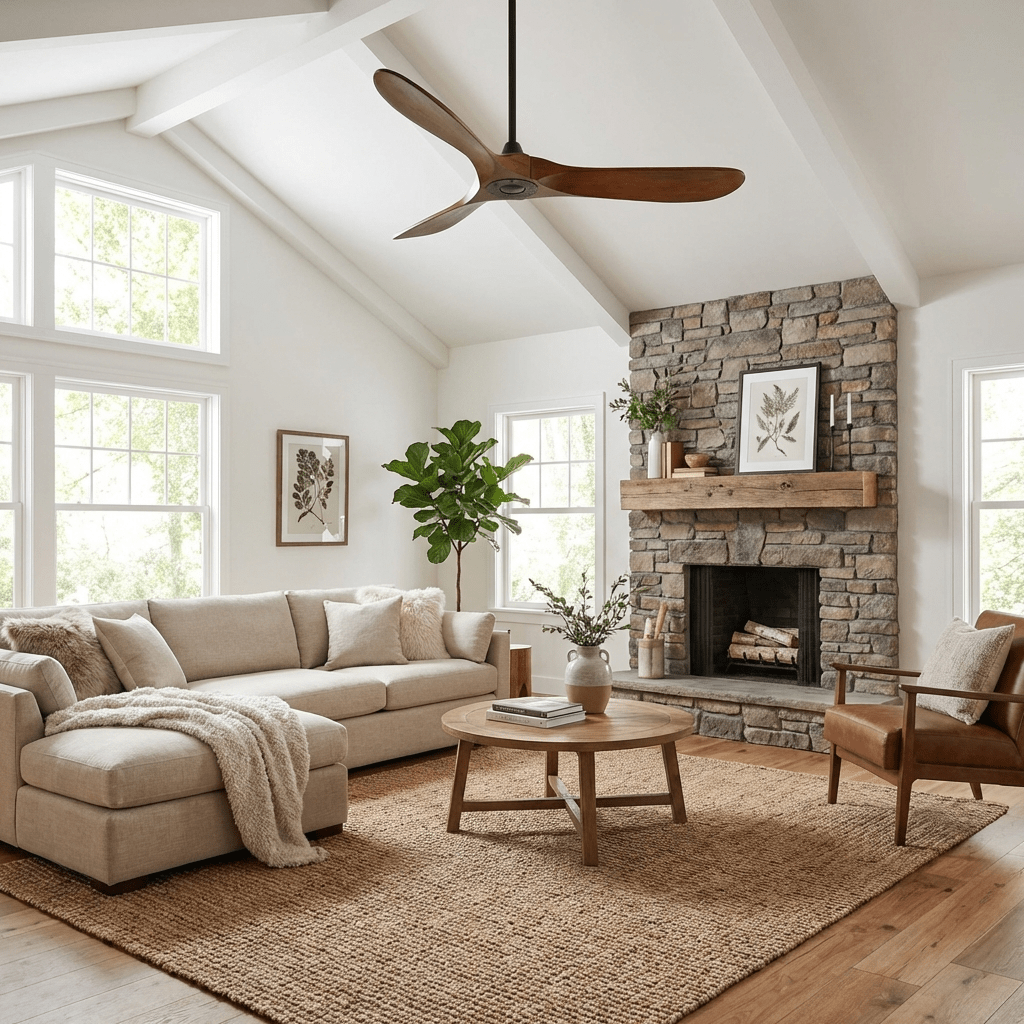 Aero Breeze Ceiling Fan — Sculpted Wood Blades & Whisper-Quiet DC Motor