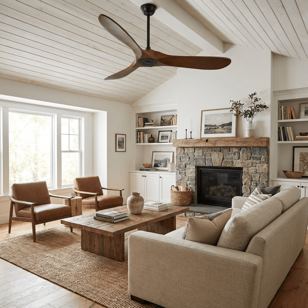 Aero Breeze Ceiling Fan — Sculpted Wood Blades & Whisper-Quiet DC Motor