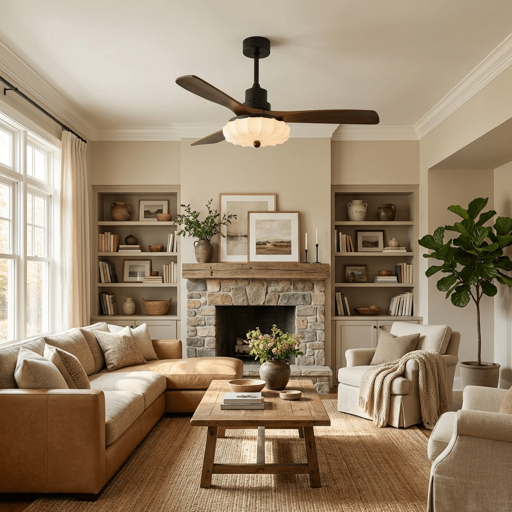 Lotus Bloom Ceiling Fan Light with Fabric Shade and Walnut Blades