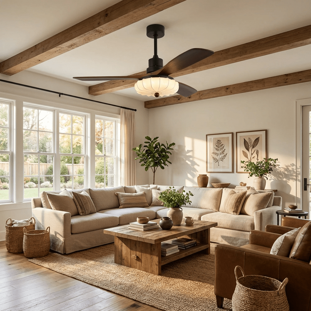Lotus Bloom Ceiling Fan Light with Fabric Shade and Walnut Blades