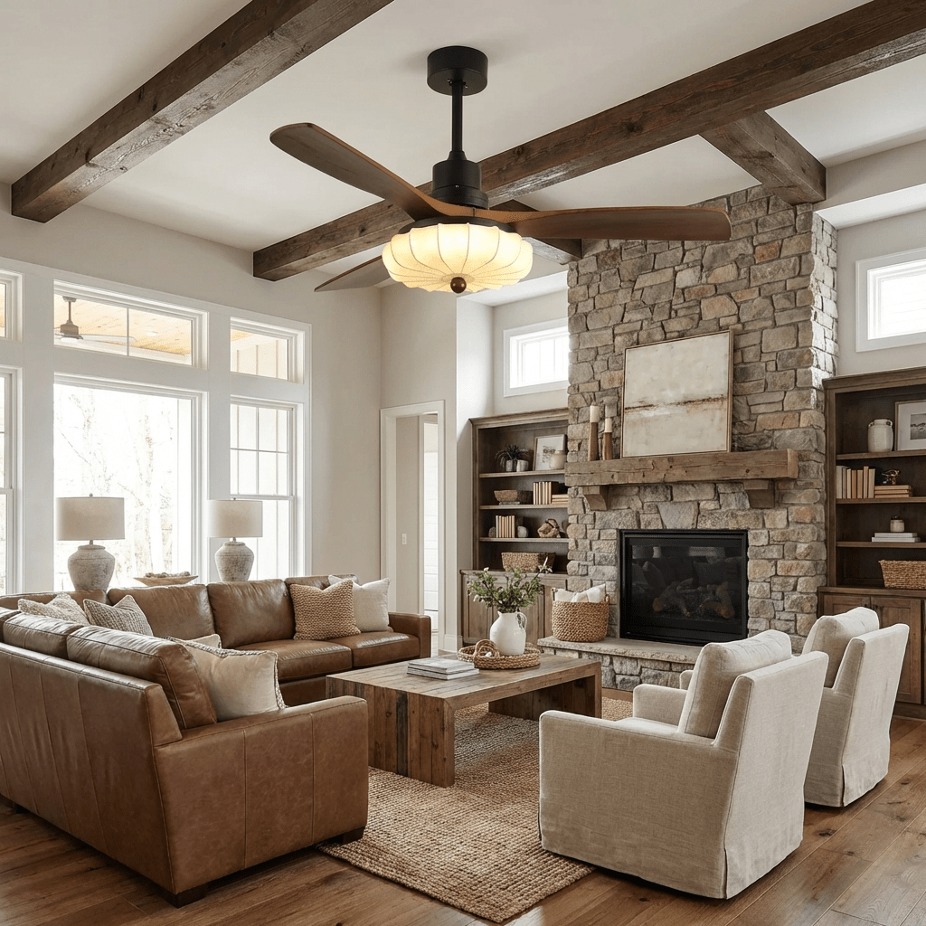 Lotus Bloom Ceiling Fan Light with Fabric Shade and Walnut Blades
