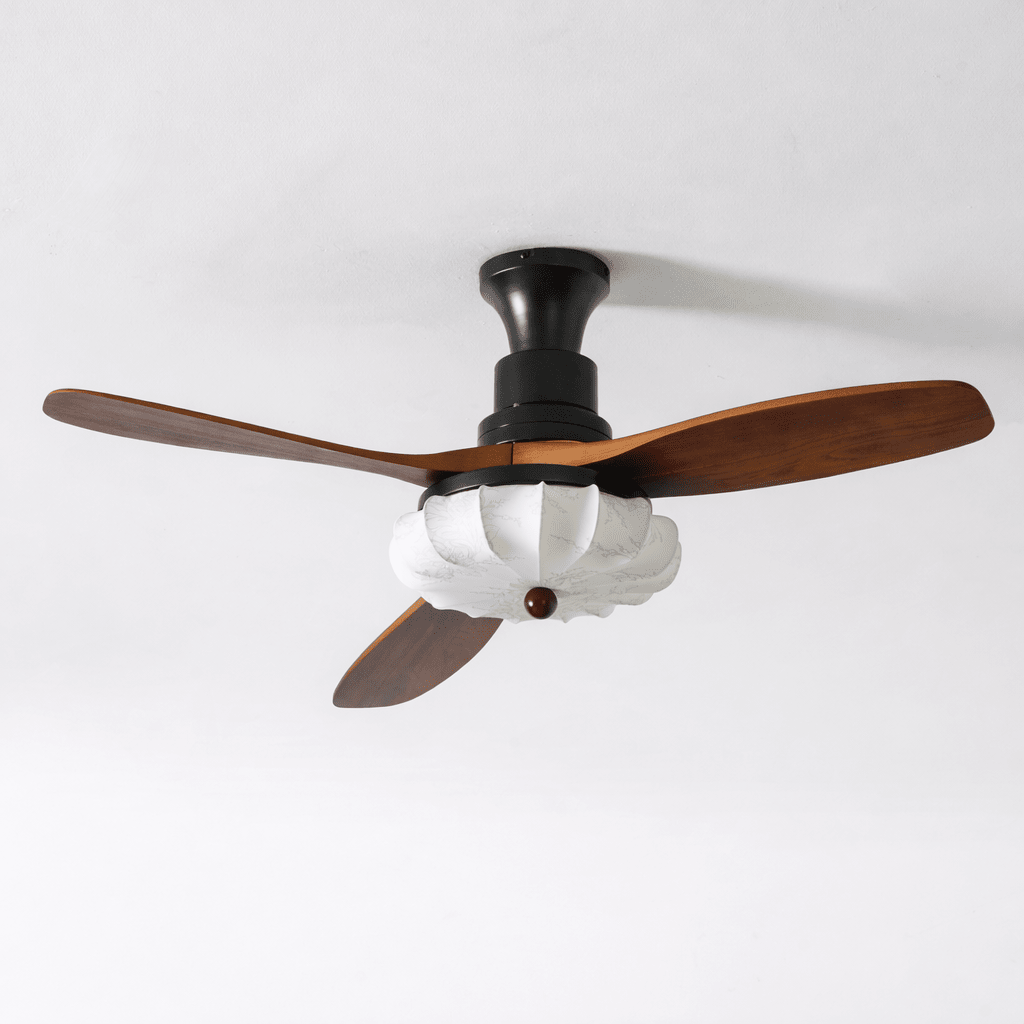 Lotus Bloom Ceiling Fan Light with Fabric Shade and Walnut Blades