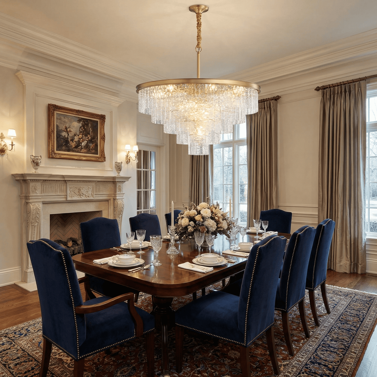 Gaia Round Crystal Chandelier in Brushed Brass for Dining Room and Living Room