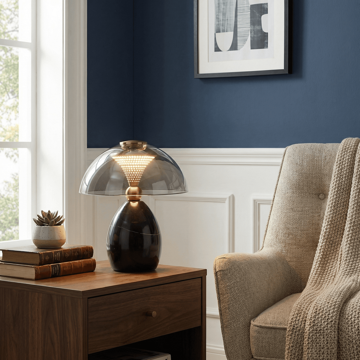 Noctra Halo Table Lamp – Smoked Glass & Marble LED Desk Lamp