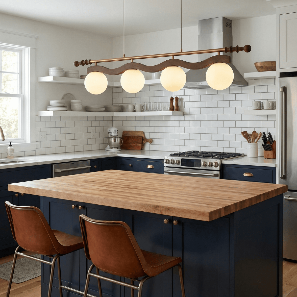 Sinuara Ribbon Globe Linear Chandelier – Modern Wood & Glass Pendant Light