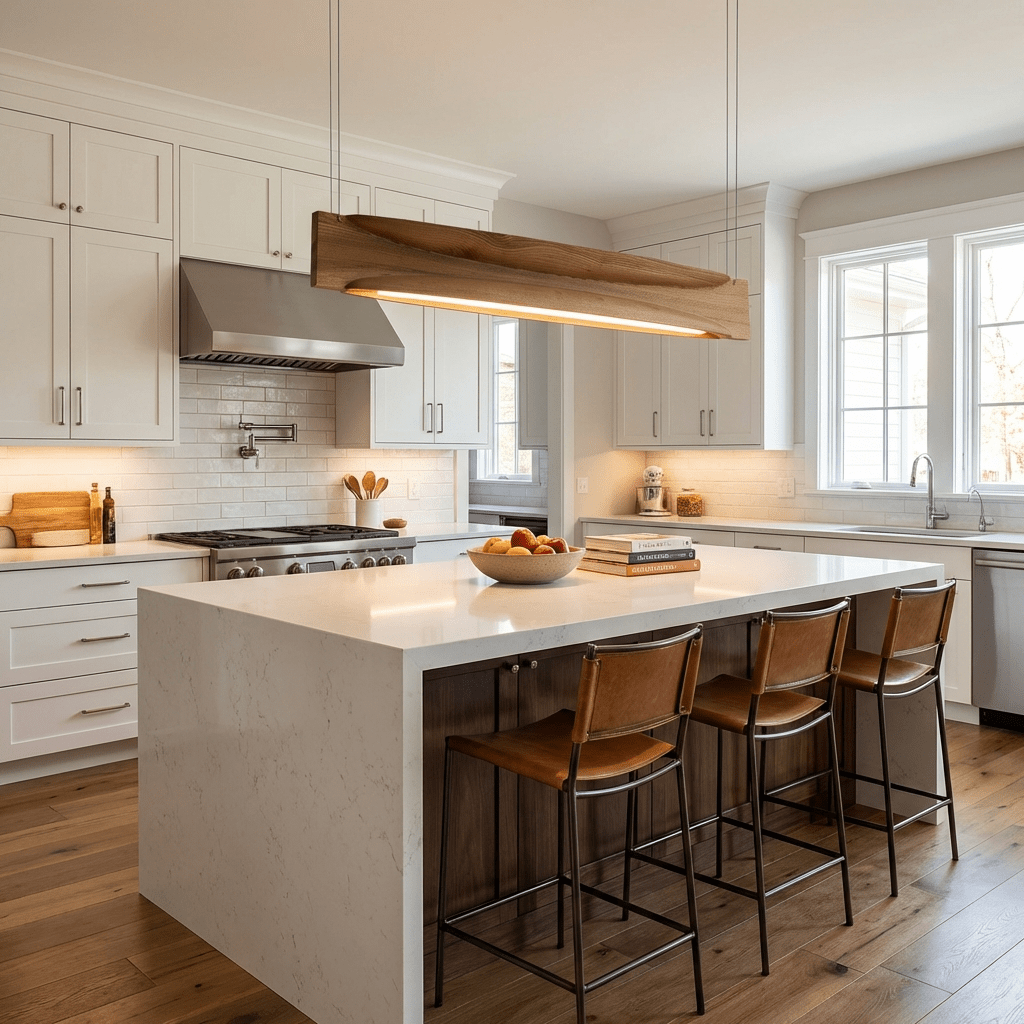 Arcadia Wave Linear Wood LED Pendant Light for Dining Room and Kitchen Island