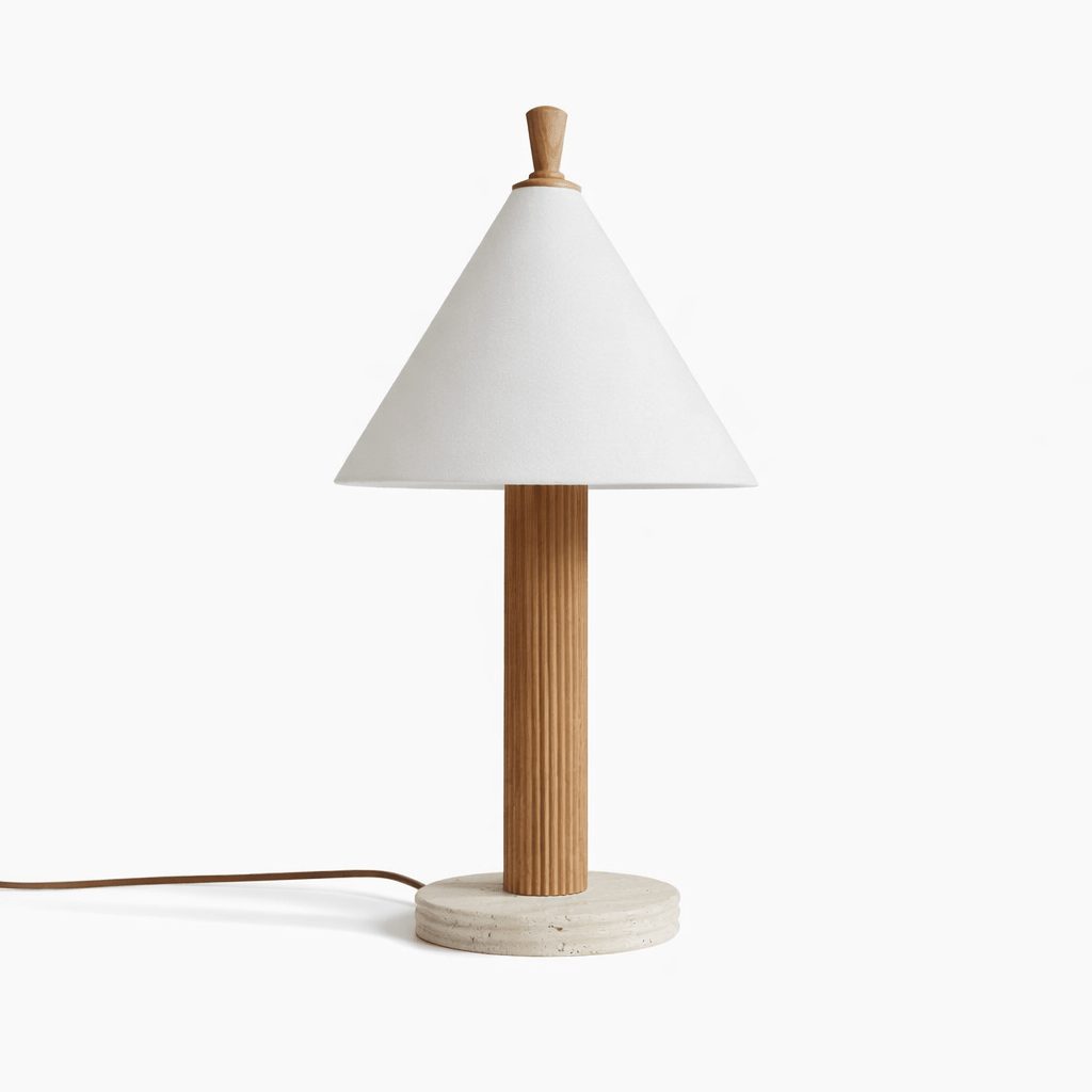 Sorrel Cone Table Lamp with Travertine Base and Wood Accent