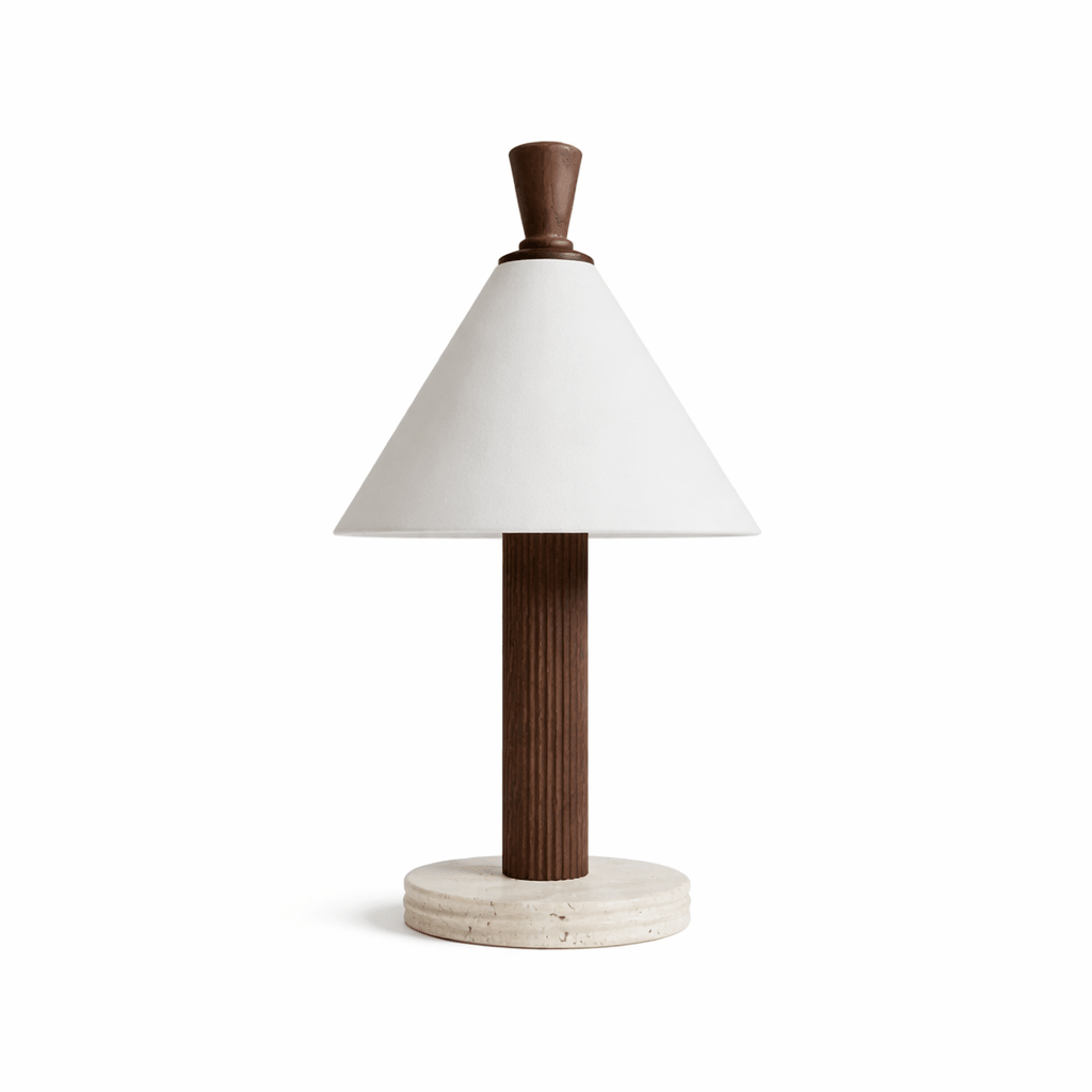 Sorrel Cone Table Lamp with Travertine Base and Wood Accent