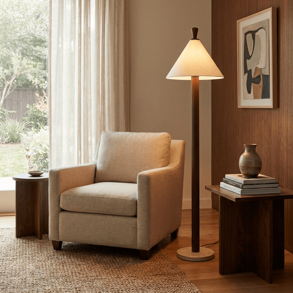 Sorrel Cone Floor Lamp – Modern Wood & Travertine Sculptural Lighting