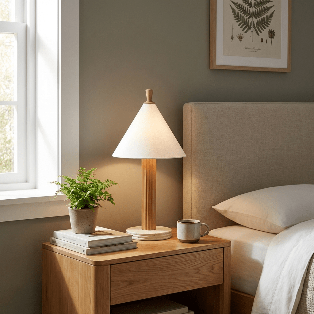 Sorrel Cone Table Lamp with Travertine Base and Wood Accent