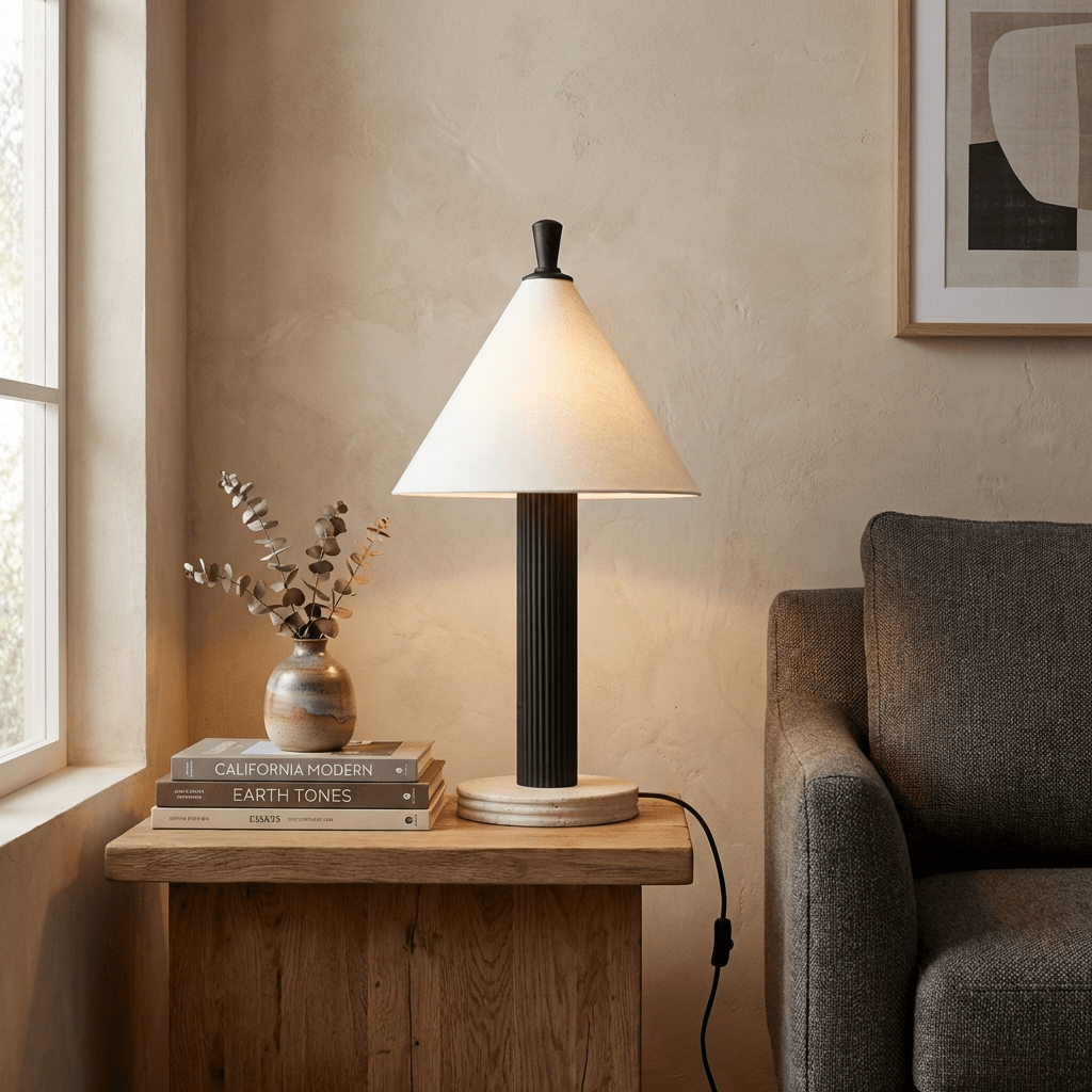 Sorrel Cone Table Lamp with Travertine Base and Wood Accent