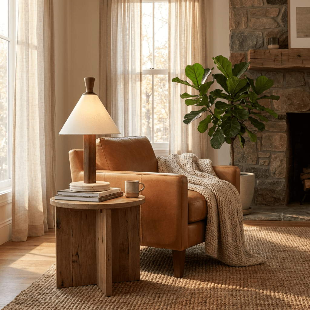 Sorrel Cone Table Lamp with Travertine Base and Wood Accent