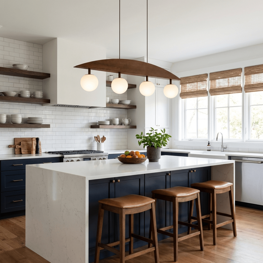 Arvella Arc Chandelier – Modern Wood & Glass Pendant Light for Dining Room