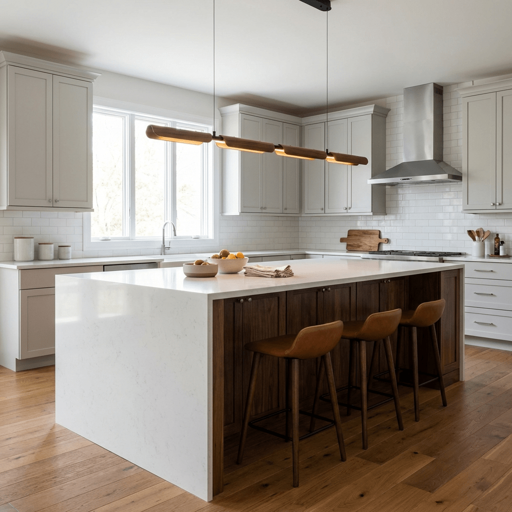Velora Linear Pendant Light — Modern Wood & Metal LED Chandelier