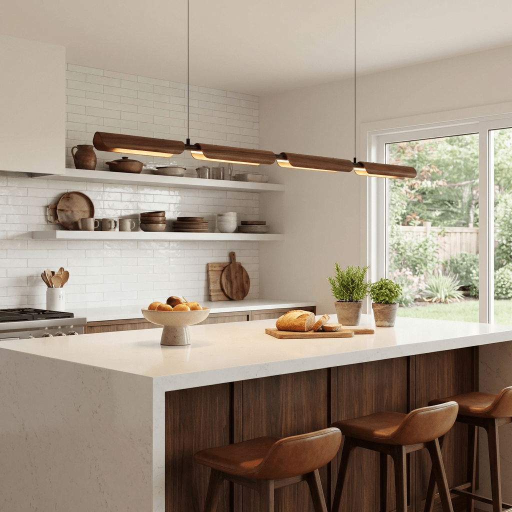 Velora Linear Pendant Light — Modern Wood & Metal LED Chandelier