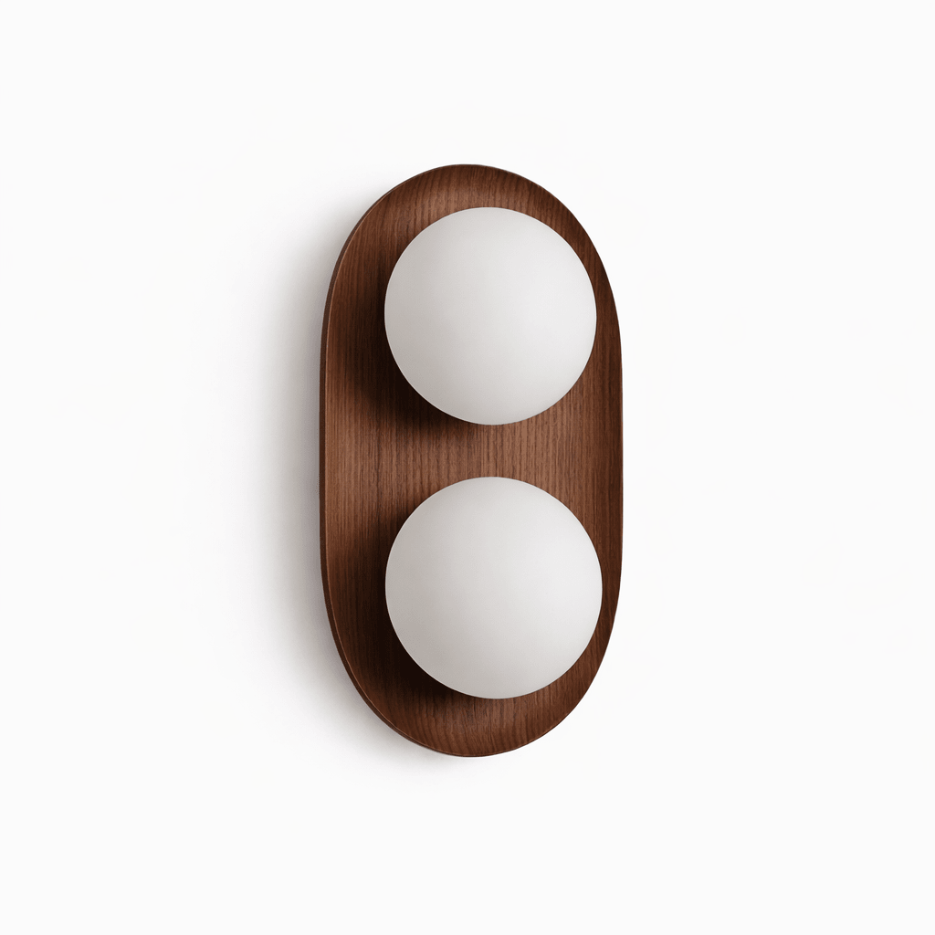 Duo Orb Wood Wall Sconce – Modern Scandinavian Bedroom Wall Light with Opal Glass Globes