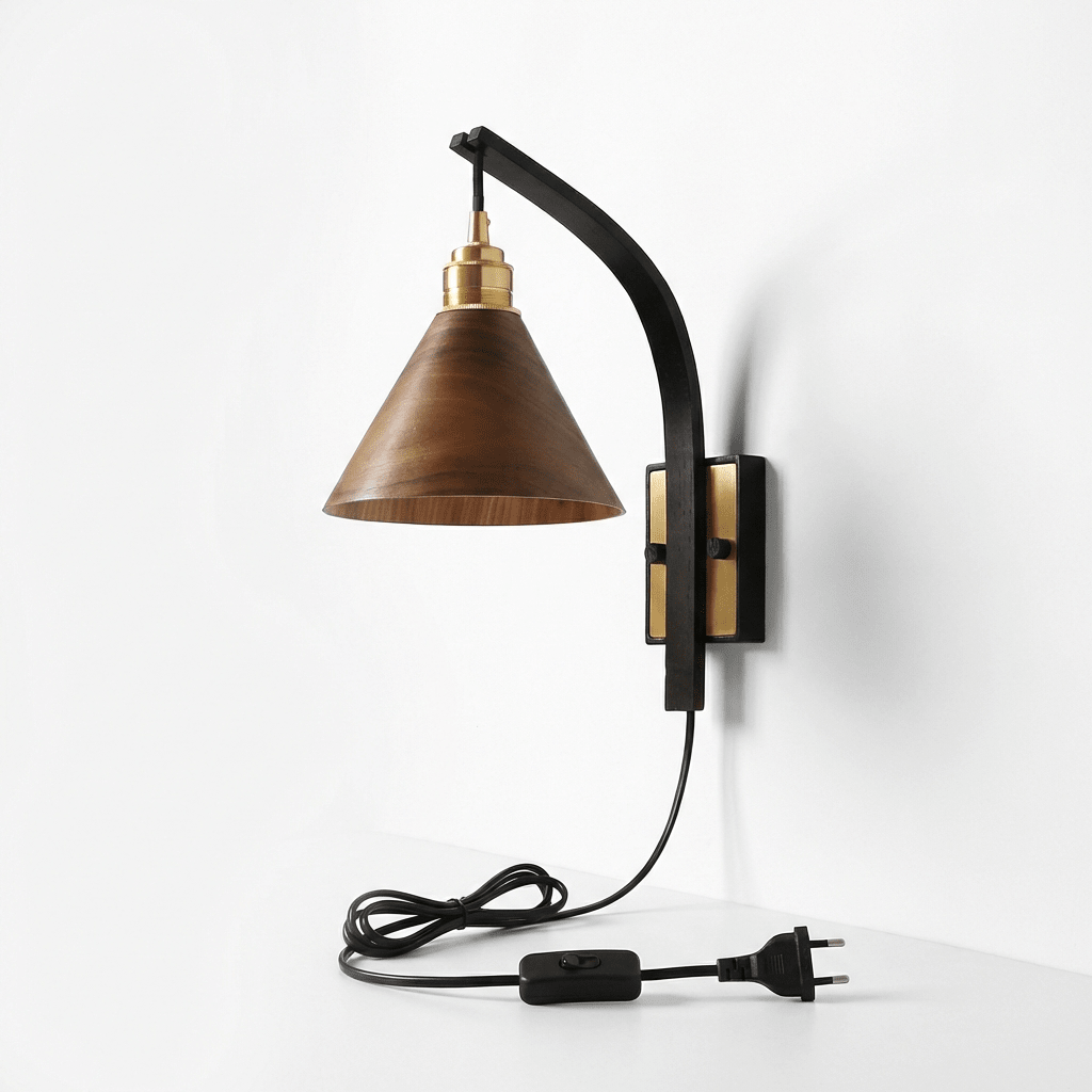 Camber Arc Plug-in Wall Sconce – Modern Wood & Brass Wall Light