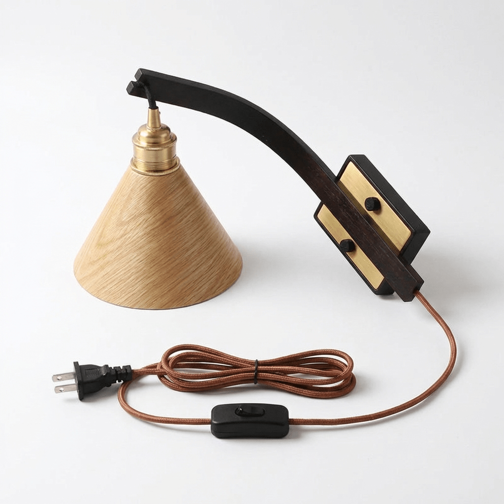 Camber Arc Plug-in Wall Sconce – Modern Wood & Brass Wall Light