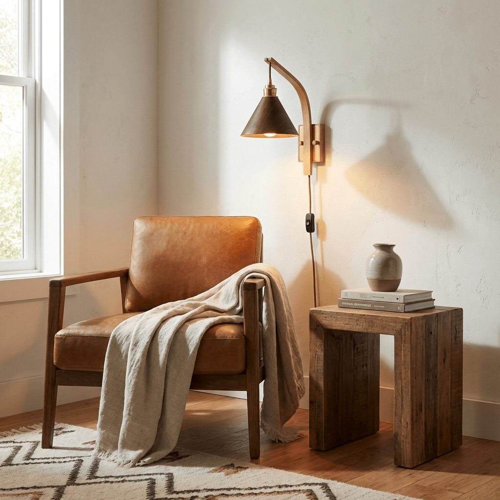 Camber Arc Plug-in Wall Sconce – Modern Wood & Brass Wall Light