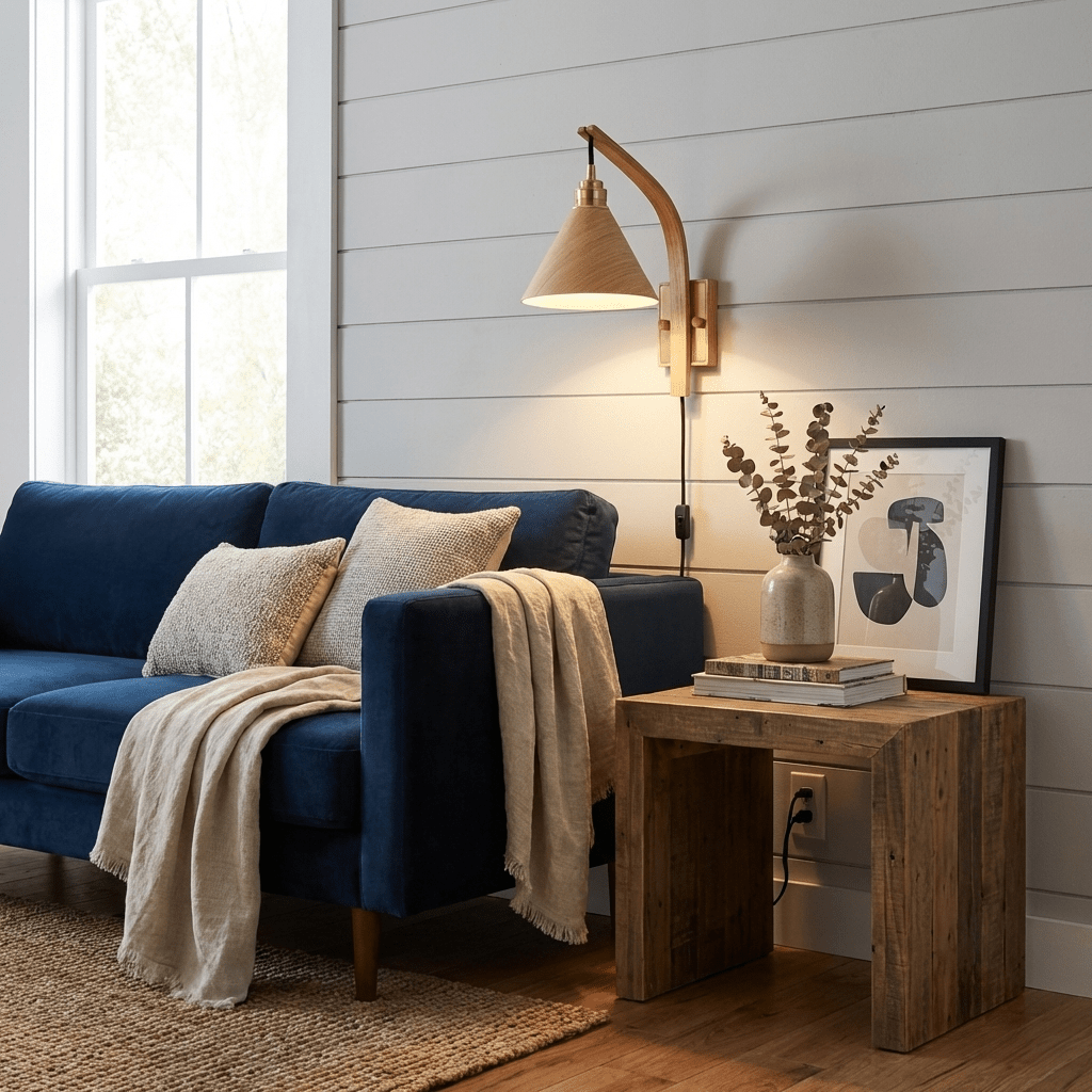 Camber Arc Plug-in Wall Sconce – Modern Wood & Brass Wall Light