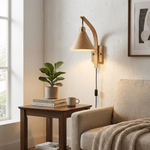 Camber Arc Plug-in Wall Sconce – Modern Wood & Brass Wall Light