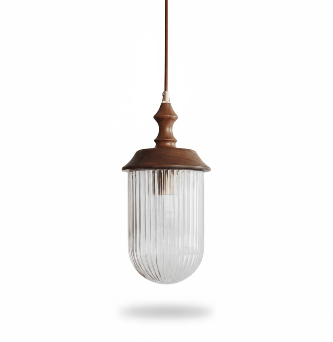 Solas Ribbed Glass Pendant Light with Walnut Accent