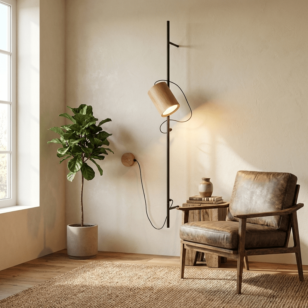 Arbor Beam Wall Sconce with Natural Wood Shade and Black Metal Accent