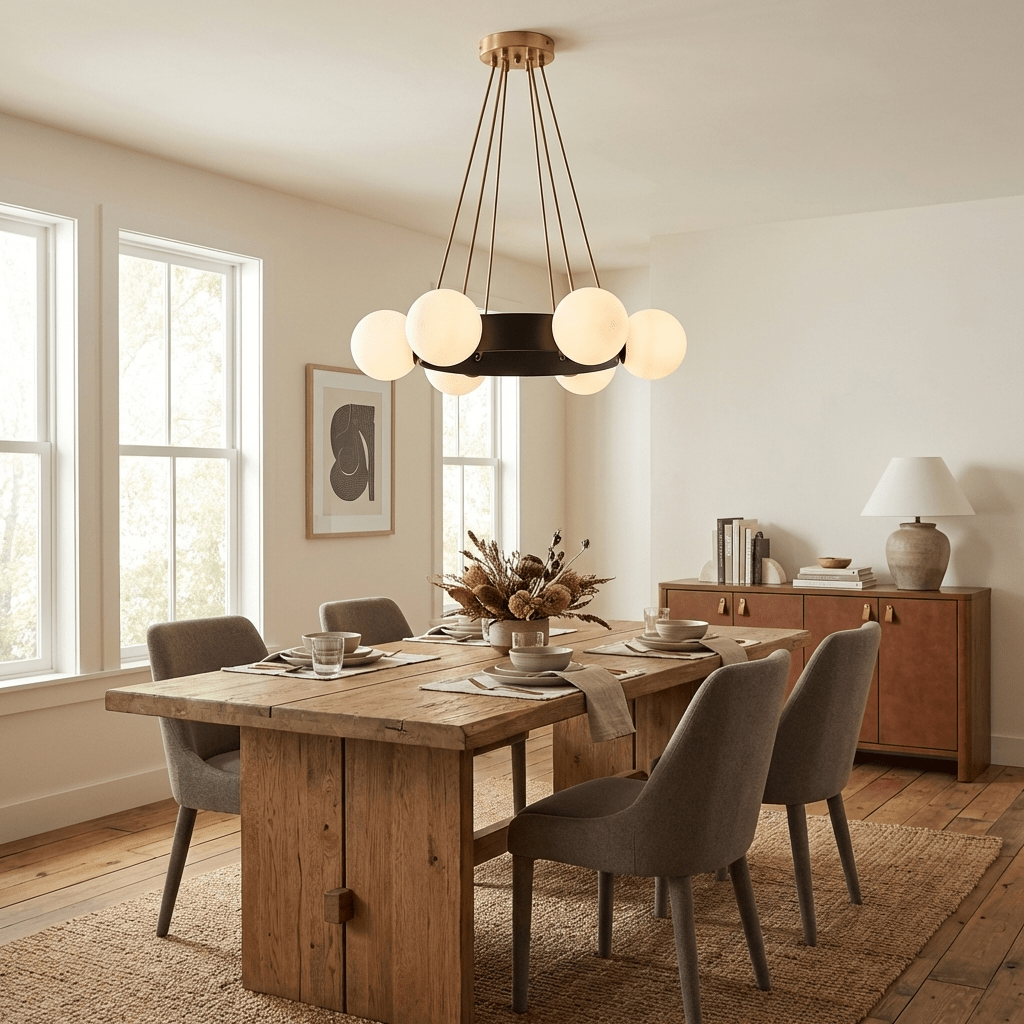 Solara Ring Chandelier with Wood Accents and Glass Globes