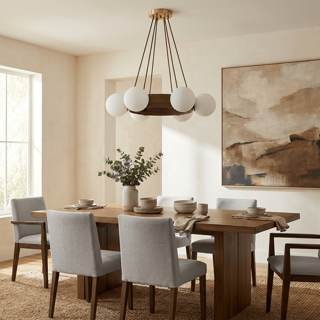 Solara Ring Chandelier with Wood Accents and Glass Globes