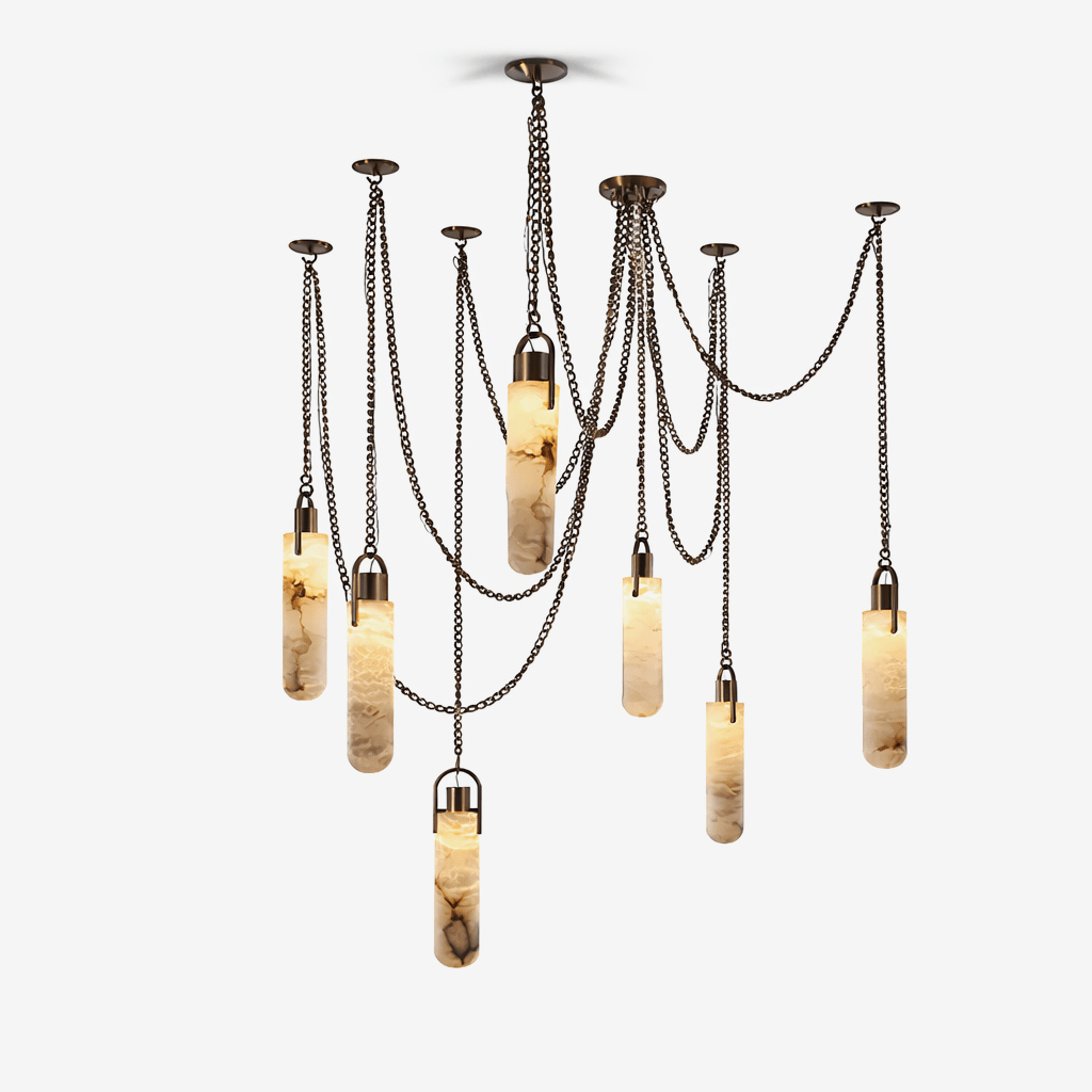 Cascading Alabaster Tube Chandelier in Antique Brass